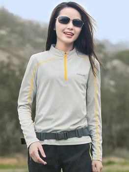 Футболка, Быстросохнущая женская футболка со стоячим воротником, однотонная рубашка для альпинизма, дышащая спортивная одежда с длинными рукавами