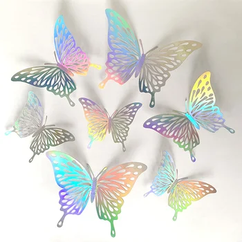 12 шт./компл. 3D наклейки на стену, лазерная полая бабочка для декора комнаты, картонные наклейки-бабочки 
