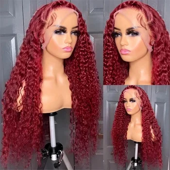 13x6 HD Прозрачный Кружевной Фронтальный парик 99J Кудрявый, предварительно выщипанный, Бордового цвета Кружевной Фронтальный парик из человеческих волос для женщин