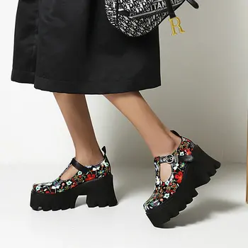 2022 Новые летние маленькие кожаные туфли в стиле ретро с толстой подошвой, женские модные туфли Мэри Джейн на высоком каблуке с цветочным квадратным принтом