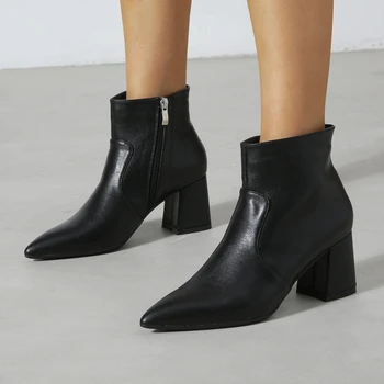 2022 Новые осенне-зимние женские ботинки с острым носком на массивном каблуке, короткие сапоги, женская обувь с боковой молнией, простой высокий каблук