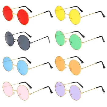 2022 Ретро Круглые солнцезащитные очки в стиле хиппи, модные круглые металлические очки в яркой круглой оправе для женщин, мужские очки для дискотек и вечеринок