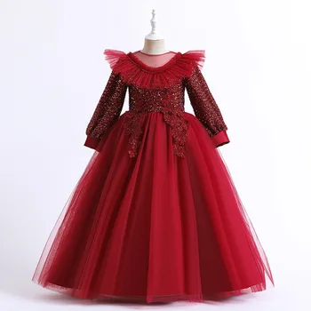 2023 Ins, Новые модные вечерние платья для девочек, платья принцессы для девочек, Детские платья с длинными рукавами, Кружевное платье
