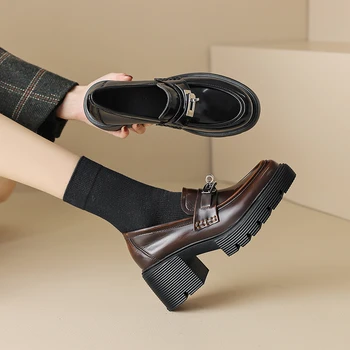 2023 Весенние женские туфли-лодочки из натуральной кожи 22-24,5 см, винтажные лоферы из вощеной воловьей кожи + свиной кожи, женская обувь на толстом каблуке