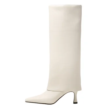 2023 Женские высокие сапоги, кожаные складные сапоги до колена, Роскошные дизайнерские туфли на танкетке, Сапоги на высоком каблуке с квадратным носком