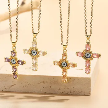 2023 Новая мода Медь с блестящим цирконом Ожерелье с крестом на удачу Ожерелье с крестом от сглаза для девочки