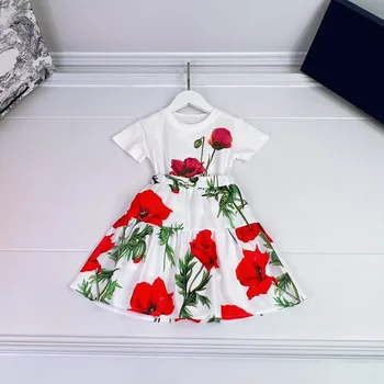 2023 Топовый бренд, хлопковое платье-полукомбинезон с буквенным цветком для девочек от 2 до 12 лет, с коротким рукавом и розами.
