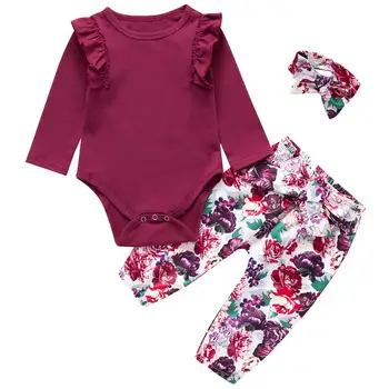 3 шт./компл. Одежда для маленьких девочек Боди с длинным рукавом + Штаны с цветочным рисунком + Повязка на голову Комплект одежды для новорожденных