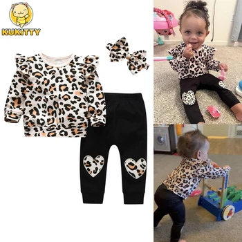 3 шт. Комплект одежды для маленьких девочек, Леопардовые топы и штаны с длинными рукавами для новорожденных, повязка на голову, одежда для малышей