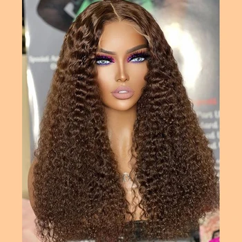 360 Кружевных фронтальных париков из человеческих волос для чернокожих женщин Натуральные Темно-коричневые кудрявые Дешевые парики со средней Т-образной частью, отбеленные узлы Virgin