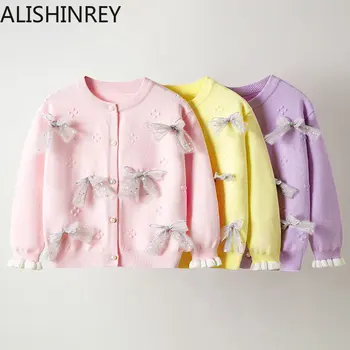 ALISHINREY/ Весенне-осенняя тонкая верхняя одежда, детский свитер, повседневные кардиганы, кардиганы с V-образным вырезом и бантом для девочек, детские кардиганы