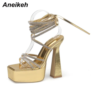 Aneikeh Fashion сексуальный Кристалл супер высокий каблук сандалии 2024 летние с открытым носком на шнуровке в римском стиле сандалии для женщин Пром 35-42