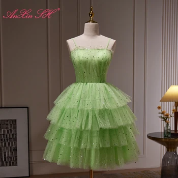 AnXin SH принцесса звезда зеленая блестящая кружевная многоуровневая юбка на бретельках без рукавов с оборками короткое вечернее платье маленькое белое платье