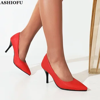 ASHIOFU Ручной работы Простые женские туфли-лодочки на высоком каблуке 8,5 см в новом стиле с острым носком для офиса, повседневная одежда, Вечерние модные туфли для вечеринок