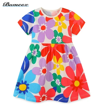 Bumeex Одежда для девочек 2023 Летние Платья для девочек с цветочным принтом и коротким рукавом Детская Одежда в деревенском стиле Платье принцессы для девочек