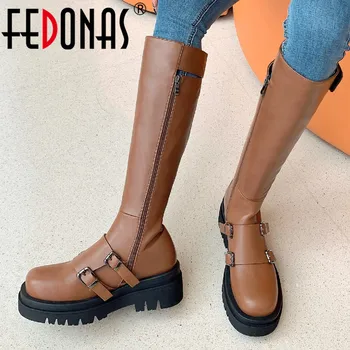 FEDONAS/ модные женские сапоги до колена на платформе в стиле панк, мотоциклетные ботинки с пряжкой, Женская обувь из натуральной кожи на толстом каблуке, осень-зима