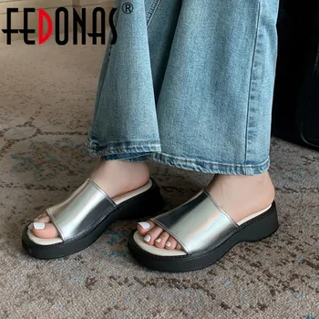 FEDONAS / Модные женские шлепанцы, летние новинки, платформы, толстые каблуки, повседневная рабочая обувь из натуральной кожи для отдыха, женские сандалии
