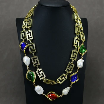 G-G Пресноводный культивированный белый жемчуг в стиле барокко, смесь цветов Муранского стекла, Цепочка для свитера, Длинное ожерелье 44 