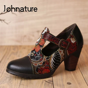 Johnature 2022 Новые туфли лодочки Женская обувь из натуральной кожи Ткань с вышивкой Круглый носок Повседневная женская обувь в стиле ретро с пряжкой и ремешком для шитья