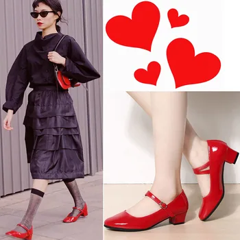 LIHUAMAO/ модные женские туфли из лакированной кожи на квадратном каблуке с ремешком и круглым носком, повседневные женские туфли-лодочки для косплея, свадебные туфли