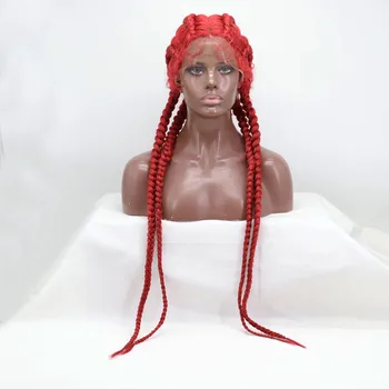 Melody Ярко-красный плетеный кружевной парик, Сверхдлинные 4-кратные косички, связанные вручную, Дополняют коробку для ручного вязания Афро-косички для чернокожих женщин