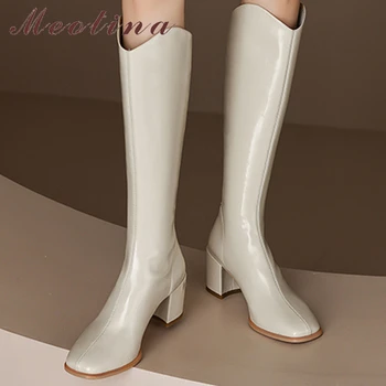 Meotina/ Женские сапоги до колена из натуральной кожи с квадратным носком, на высоком толстом каблуке, на молнии, женские модные осенне-зимние ботинки с длинными ботинками