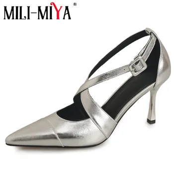 MILI-MIYA/ Модные женские туфли-лодочки из коровьей кожи с острым носком на тонком поломанном каблуке с пряжкой и ремешком, однотонные вечерние туфли ручной работы
