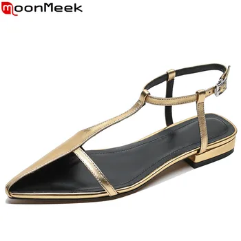 MoonMeek / новинка 2023, роскошная женская обувь из натуральной кожи, летние женские босоножки с острым носком и пряжкой, босоножки для вечеринок на квадратном низком каблуке