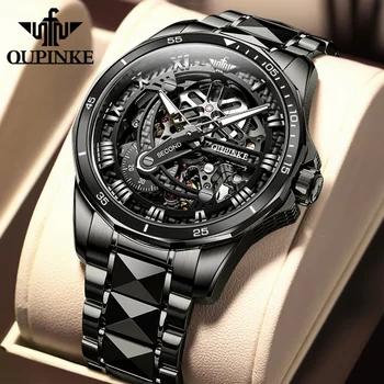OUPINKE Мужские Черные часы Skeleton, роскошные Автоматические Механические Сапфировое стекло, Вольфрамовая сталь, водонепроницаемые Светящиеся мужские часы