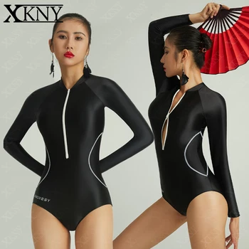 XCKNY атласный глянцевый цельный купальник, сексуальное боди на молнии с двумя концами, черный гладкий купальник с длинным рукавом для соревнований по серфингу