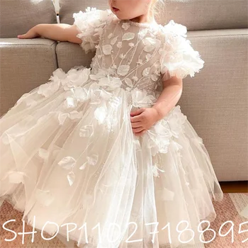 Аппликация Белые платья для девочек в цветочек На День Рождения, Кружевное Бальное платье в виде сердечка с короткими рукавами Длиной до колен, Детское Пушистое платье принцессы 2022 г.