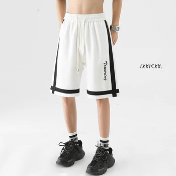Баскетбольные шорты в лоскутную полоску сбоку, мужские Японские модные тенденции, простая уличная одежда, подростковые Спортивные штаны с завязками больших размеров