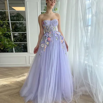 Без бретелек светло-фиолетовый весна лето вечерние платья Apllique цветы-line длинные тюль платье когда либо довольно 2023 новый дизайн платье