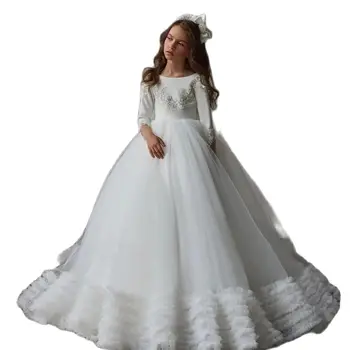 Белое пушистое тюлевое платье с длинными рукавами и оборками, украшенное блестками, свадебное элегантное платье для первого причастия маленького ребенка.
