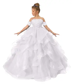 Белые кружевные платья для девочек-цветочниц на свадьбу с украшениями на шее и 3D цветочной аппликацией для малышей, праздничные платья из тюля для первого причастия