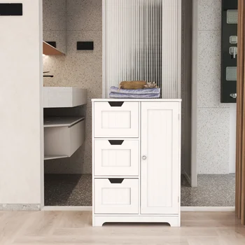 Белый отдельно стоящий шкаф для хранения вещей для ванной комнаты и гостиной (одна дверца с тремя выдвижными ящиками) Белый МДФ [на складе в США]