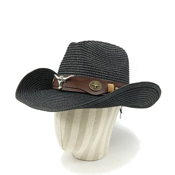 Большая ковбойская шляпа 2023 Летняя Тонкая соломенная шляпа Мужская Джентльменская Женская Джазовая Ковбойская шляпа Соломенная шляпа От солнца Летнее Сомбреро