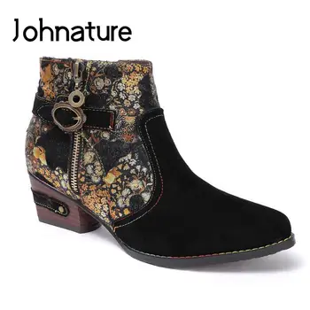 Ботинки Johnature в стиле ретро, женская обувь с острым носком и принтом на молнии, Зима 2022, Новый Швейный досуг, Ботильоны с цветами ручной работы на платформе