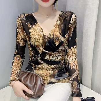 Весенне-осенняя винтажная футболка Женская с V-образным вырезом, обтягивающая сетчатая футболка с 3D принтом в виде цветка, длинный рукав, короткая футболка с запахом в стиле Koeran