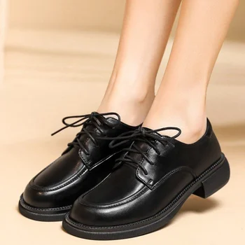 Весенние женские черные туфли 2023, Новые женские тонкие туфли из мягкой кожи на толстом каблуке со шнуровкой в британском стиле, повседневные студенческие туфли-лодочки