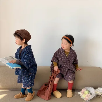 Весенняя мода в корейском стиле, комплекты костюмов с цветочным рисунком в стиле ретро, детское хлопчатобумажное льняное пальто большого размера и шорты, комплекты из 2 предметов
