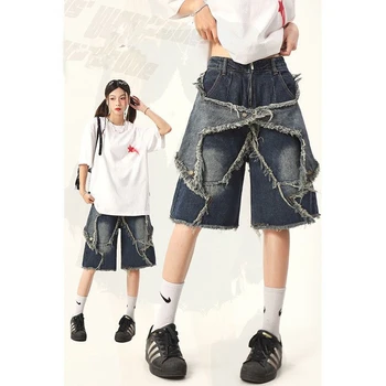Винтажные джинсовые шорты Harajuku, женские летние модные повседневные шорты с нашивкой в виде пентаграммы, американские уличные универсальные свободные шорты