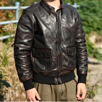 высококачественная натуральная роскошная куртка из конской кожи 2023 года выпуска.Мужская классическая куртка-бомбер.Винтажная кожа в стиле Rider A2