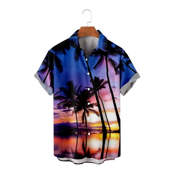 Гавайские повседневные рубашки на пуговицах для мужчин, цвет кокосовой пальмы, Отложная уличная рубашка с коротким рукавом