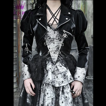 Готическая женская куртка из искусственной кожи, пальто в стиле панк-рок, Черная верхняя одежда с длинным рукавом, Женская весенняя новинка, шикарная уличная одежда, укороченные куртки