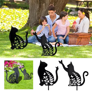 Декор в виде фигурки кошки, вставка в грунт, черный силуэт котенка, акриловая полая статуя кошки для декора сада на лужайке