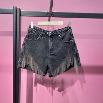 Джинсовые шорты с кисточками для женщин, с высокой талией и для похудения, летние черные брюки для женщин 2023 года выпуска