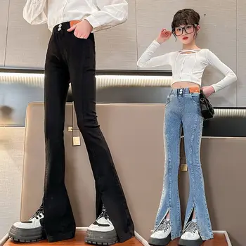 Джинсы для девочек от 2 до 12 лет, весенне-осенние брюки 2023, Модные новые Детские выстиранные модные расклешенные Корейские однотонные брюки-клеш G141