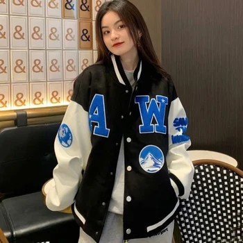 Женская бейсбольная форма с буквенным принтом 2021 года, Новая однобортная Лоскутная куртка оверсайз В Корейском стиле Harajuku, Свободное пальто унисекс.