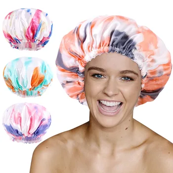 Женская двухслойная водонепроницаемая шапочка для душа, косметичка для макияжа, атласная шапочка для защиты от перегара